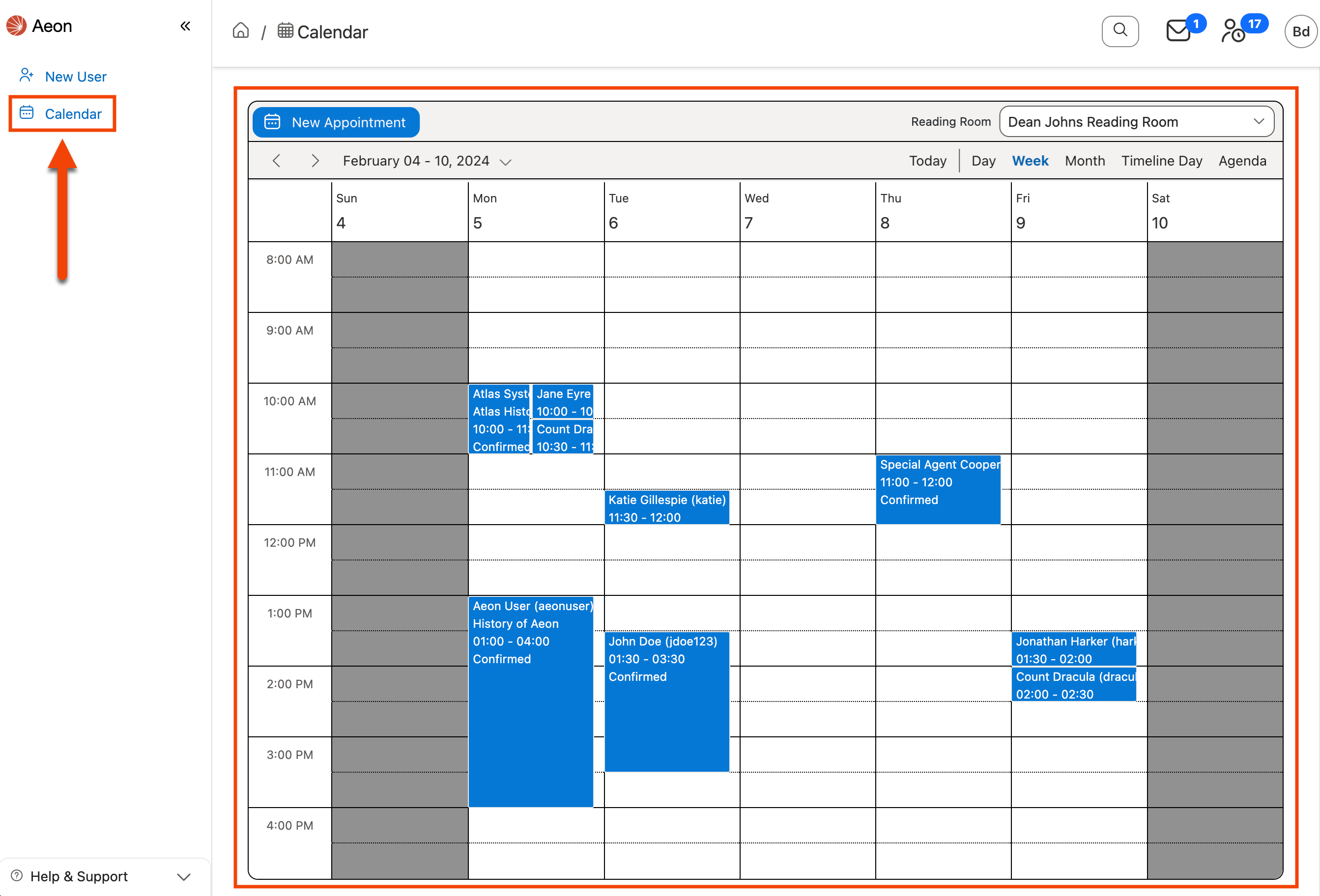 Calendar page in the Aeon Web Client displaying the Week calendar view